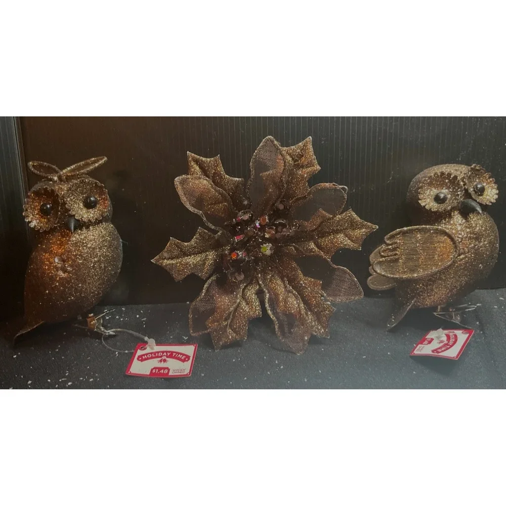 3 pieces 2 Bronze glitter Owls & 1 Floral Poinsettia Clip-on Ornaments